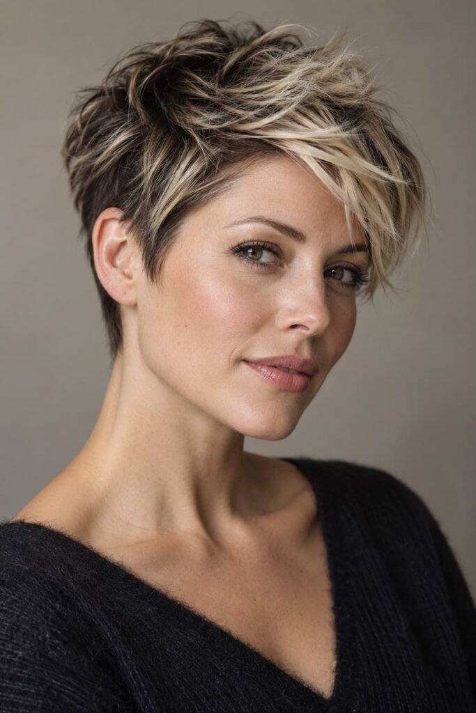 Short textured pixie cut with platinum blonde highlights on dark hair