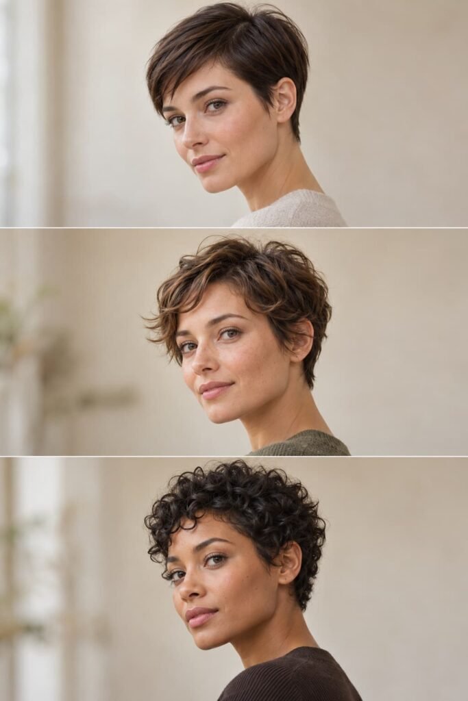 Show how natural hair texture changes the appearance of a short pixie haircut.