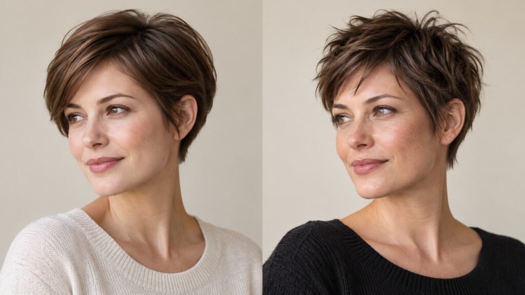 Side-by-side comparison of a softly layered pixie and a short textured pixie haircut.