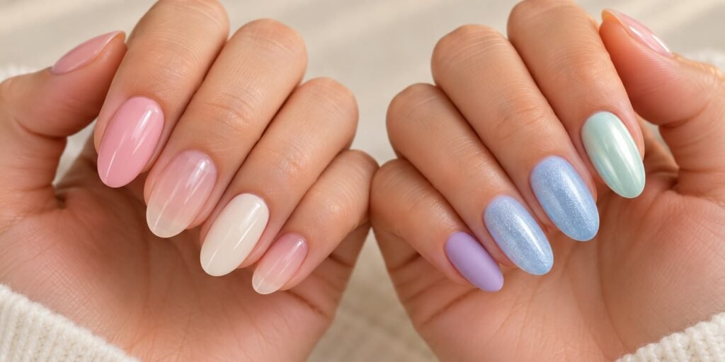 Spring nails showing glossy, sheer, milky, matte, shimmer, and pearl finishes
