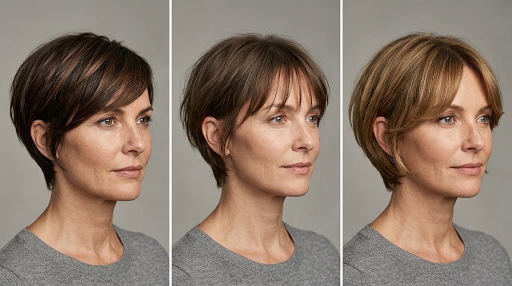 Three bixie haircuts featuring side-swept bangs, wispy bangs, and center-parted curtain bangs.