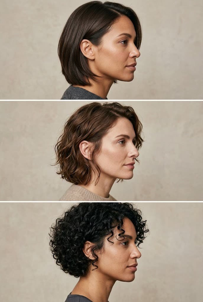 Three bixie hairstyles showing straight, wavy, and curly natural hair textures.