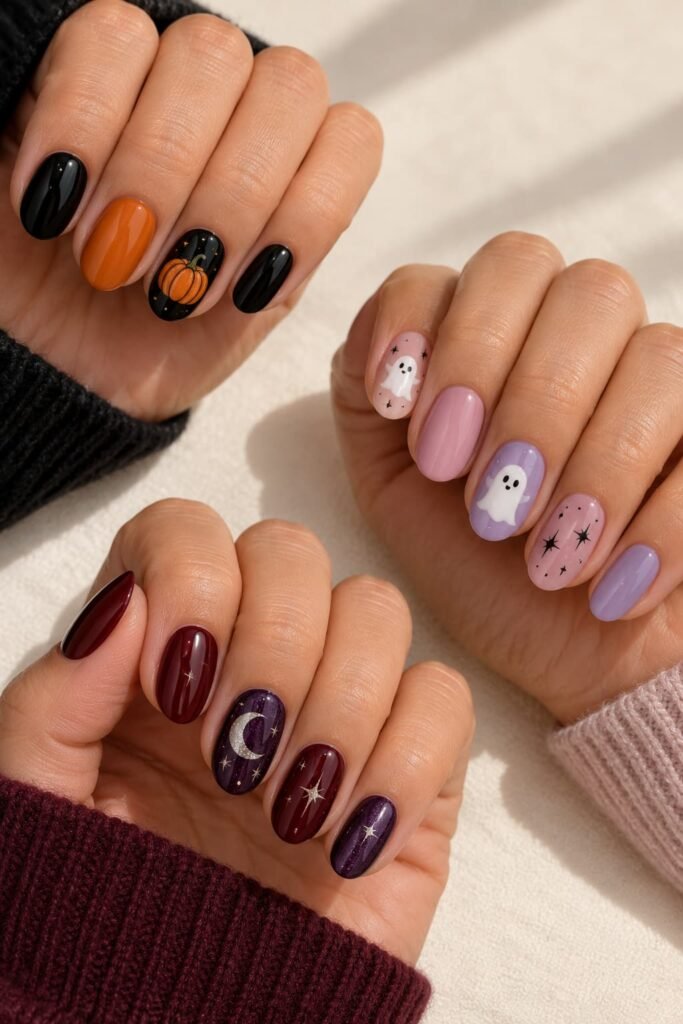Three hands showing black and orange, pink and lavender, and burgundy and purple Halloween manicures.