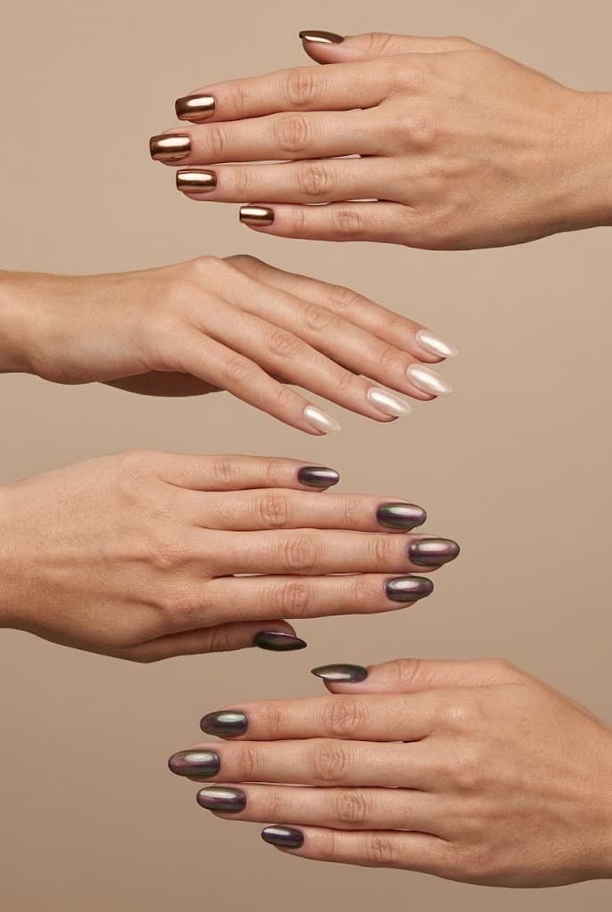 Three nail finishes showing bronze mirror chrome, champagne pearl chrome, and plum multichrome reflections.