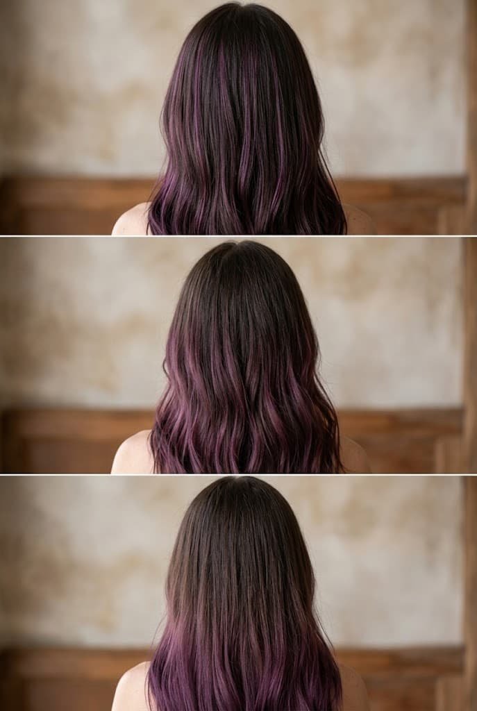 Three plum hair color placement ideas showing fine highlights, blended balayage, and dark-to-plum ombre.