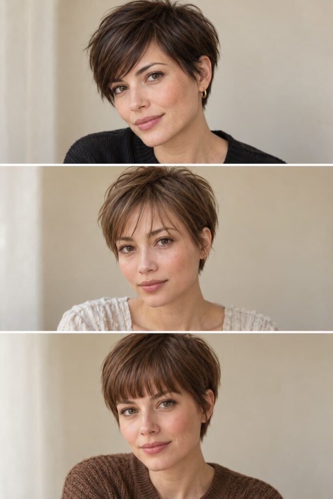 Three short pixie haircuts featuring side-swept bangs, wispy bangs, and straight-across bangs.