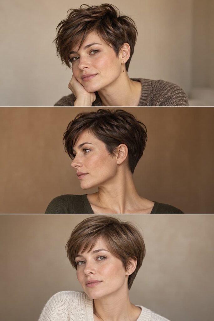 Three women showing long-crown, softly tapered, and rounded pixie haircuts.