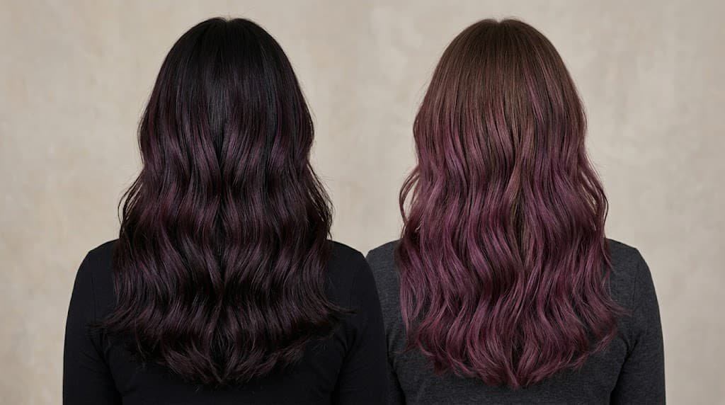 Two plum hair color concepts showing subtle purple tones on dark brunette hair and brighter berry-purple hair.