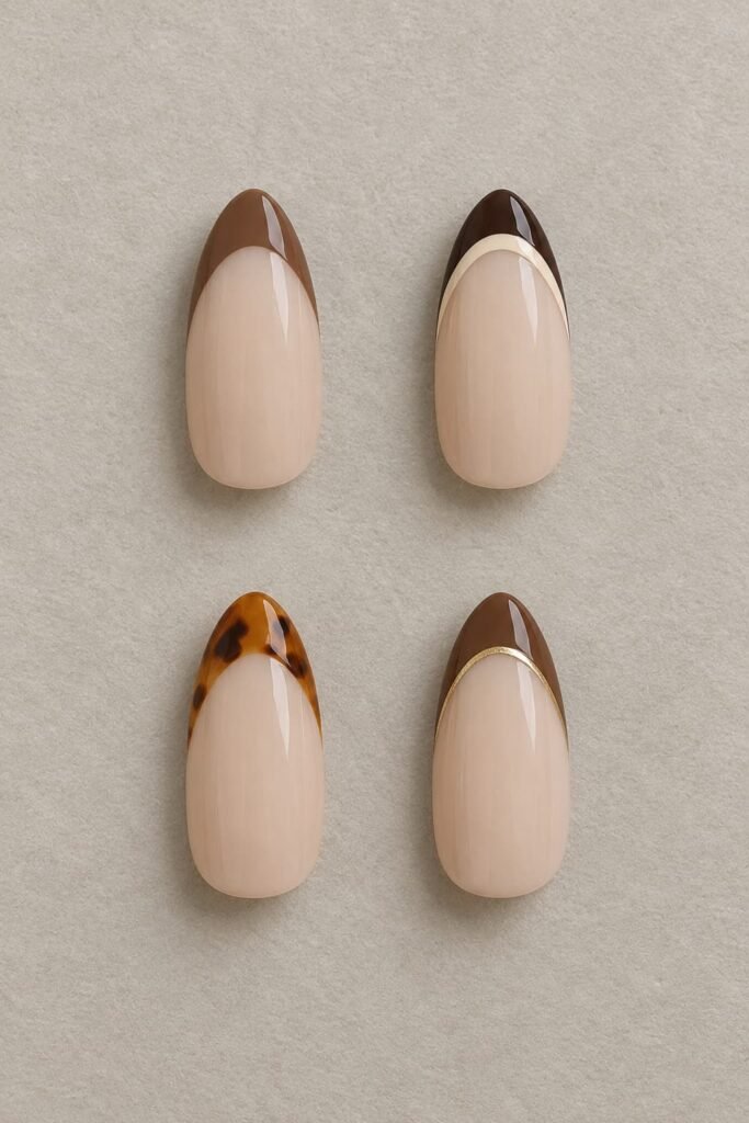 hocolate French tips shown as a plain curve, double line, tortoiseshell pattern, and gold-outlined edge.