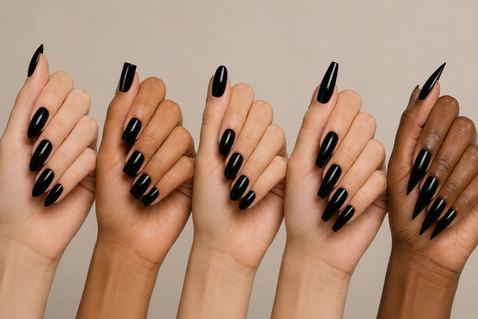 Black nails in almond, square, oval, coffin, and stiletto shapes