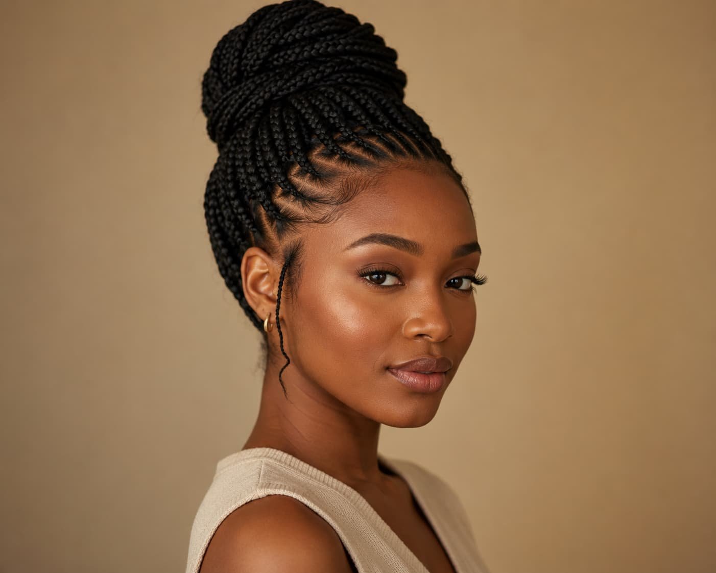 Black woman wearing a structured braided high bun with medium braids