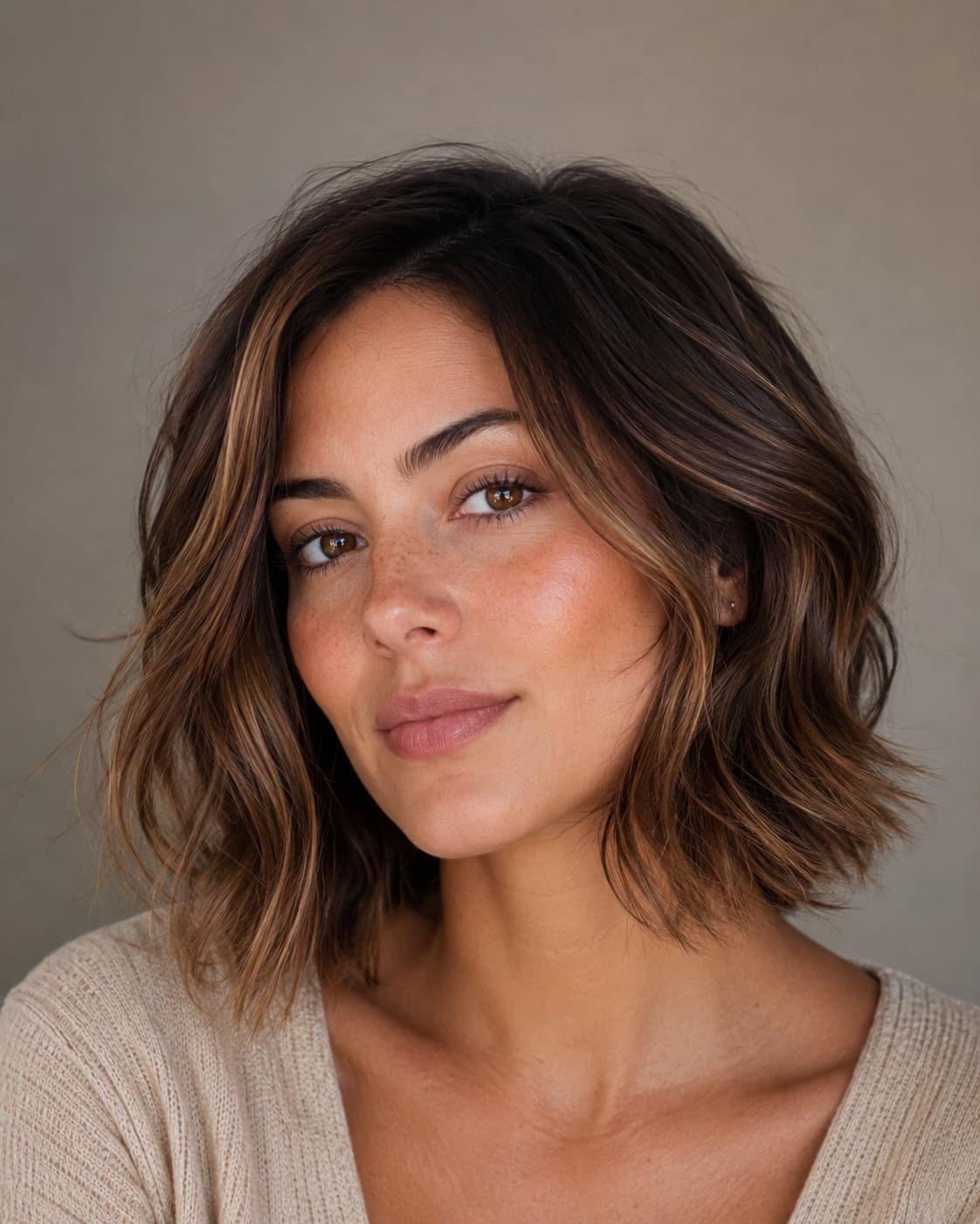 Brown balayage bob with soft waves and face-framing brunette highlights