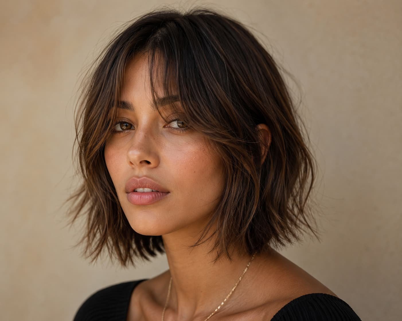 Choppy bob with curtain bangs and soft face-framing layers.