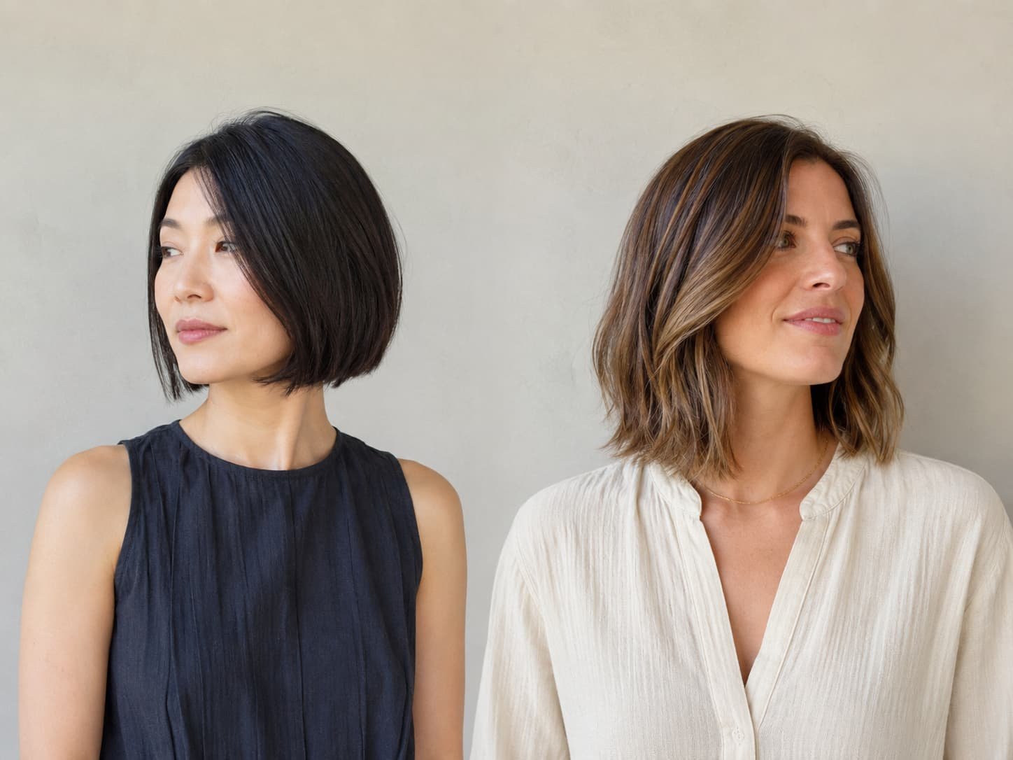 Comparison of a shorter bob and a shoulder-length long bob on two different women.