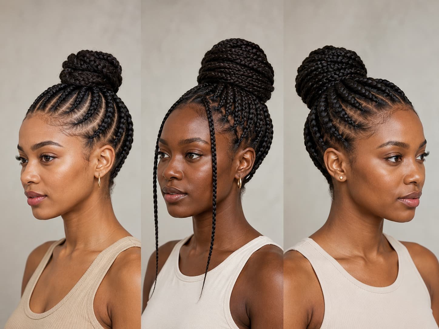 Cornrow, box braid, and knotless braided bun hairstyle variations