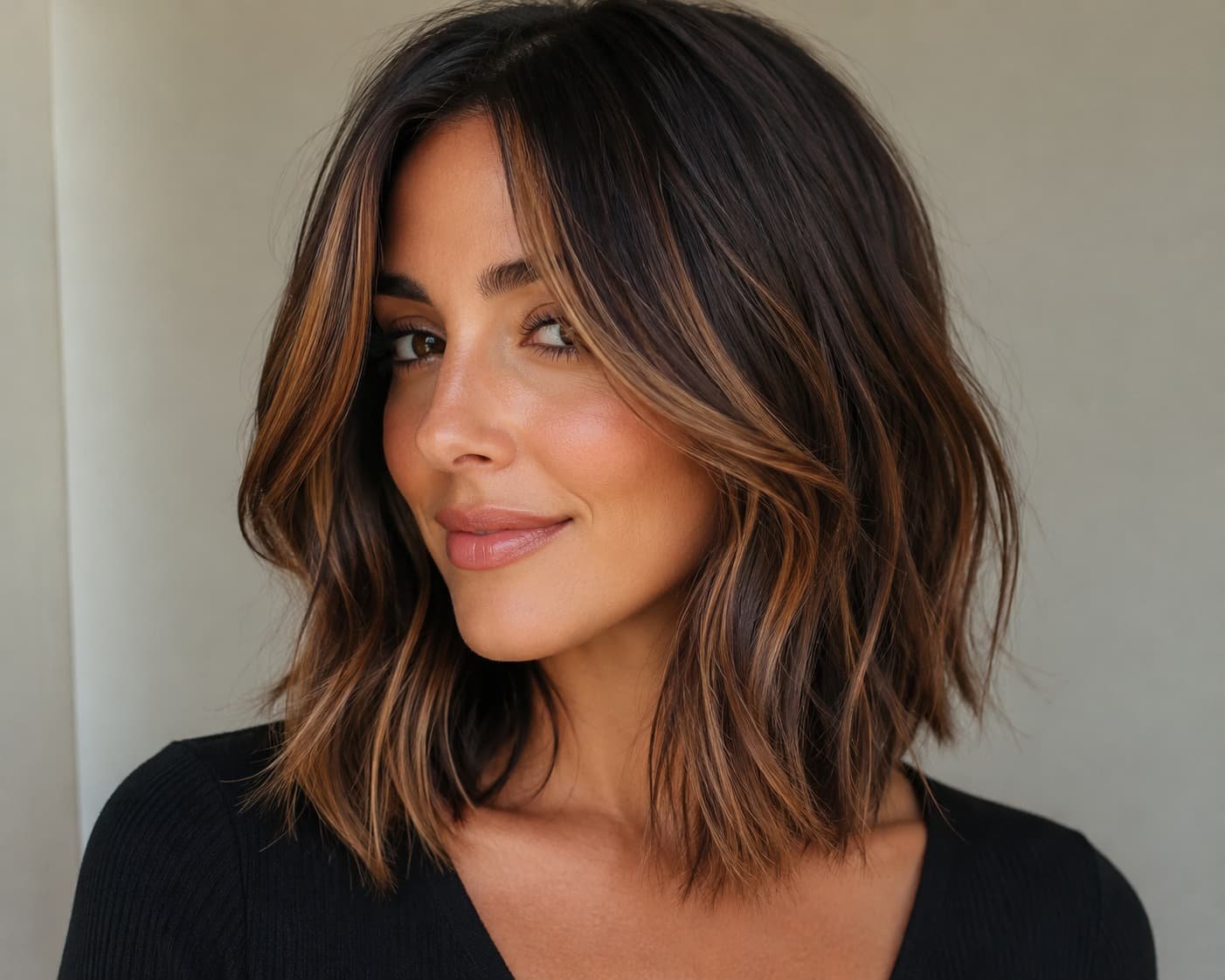 Face-framing caramel highlights on a brunette layered lob