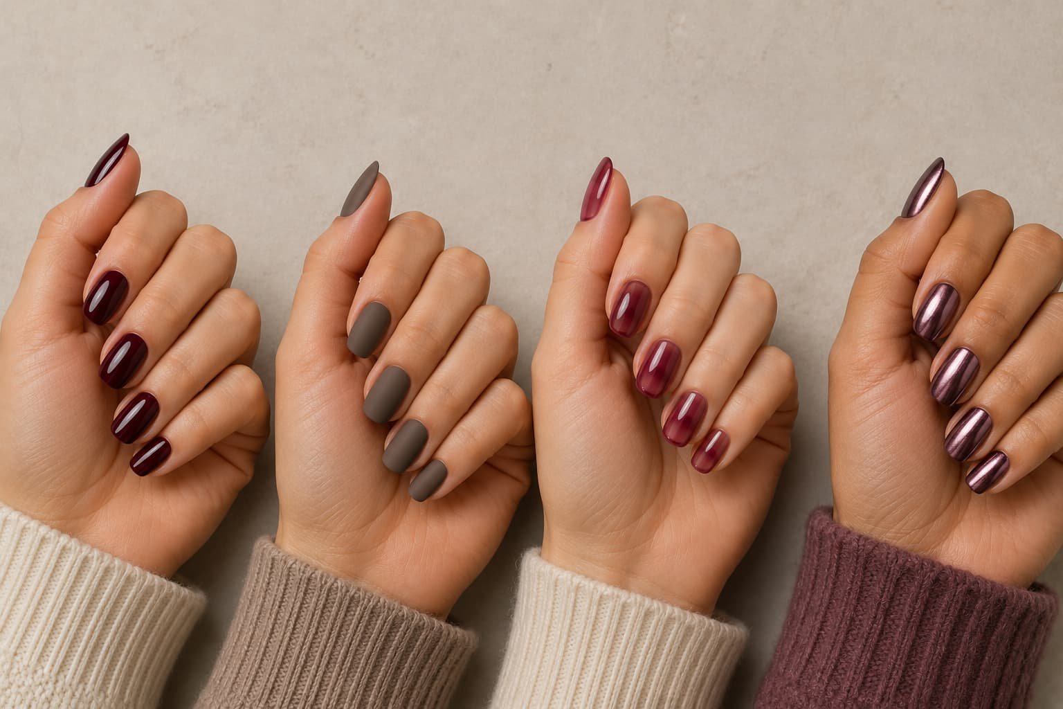 Glossy burgundy, matte taupe, berry jelly, and plum chrome nail finishes