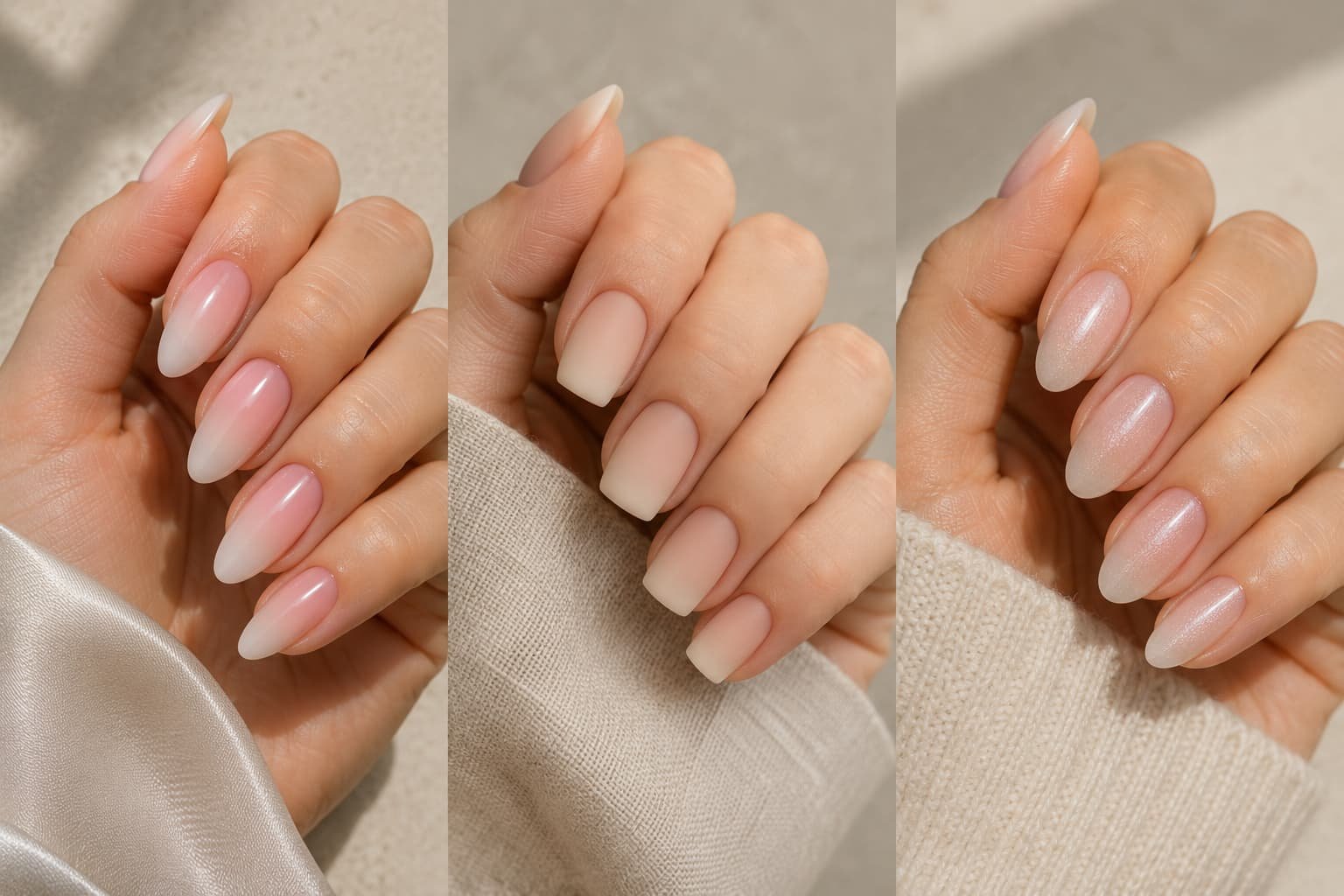 Glossy, matte, and pearl-shimmer finishes on natural ombre nails