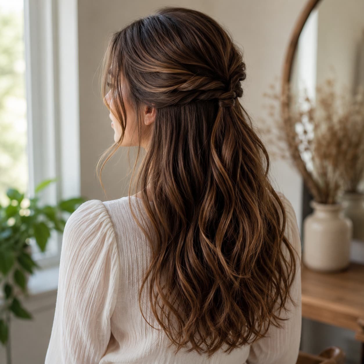 Half up half down hairstyle with curtain bangs and face-framing layers (1)