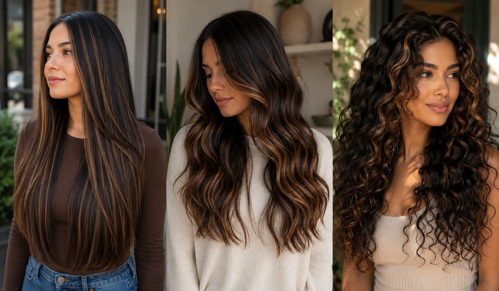 Long dark brown hair with caramel ribbons, balayage, and face-framing highlights
