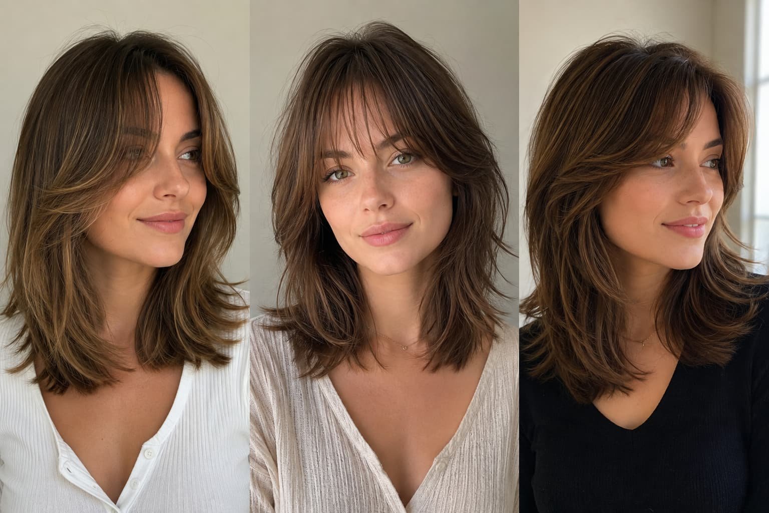 Medium layered hair with curtain, wispy, and side-swept bangs