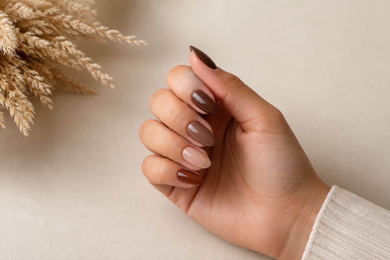 Medium-length almond nails in chocolate brown, mocha, caramel, and nude with subtle gold details.