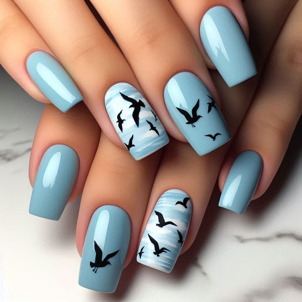 Oval nails in sheer pink, milky white, burgundy, blue, and sage green.