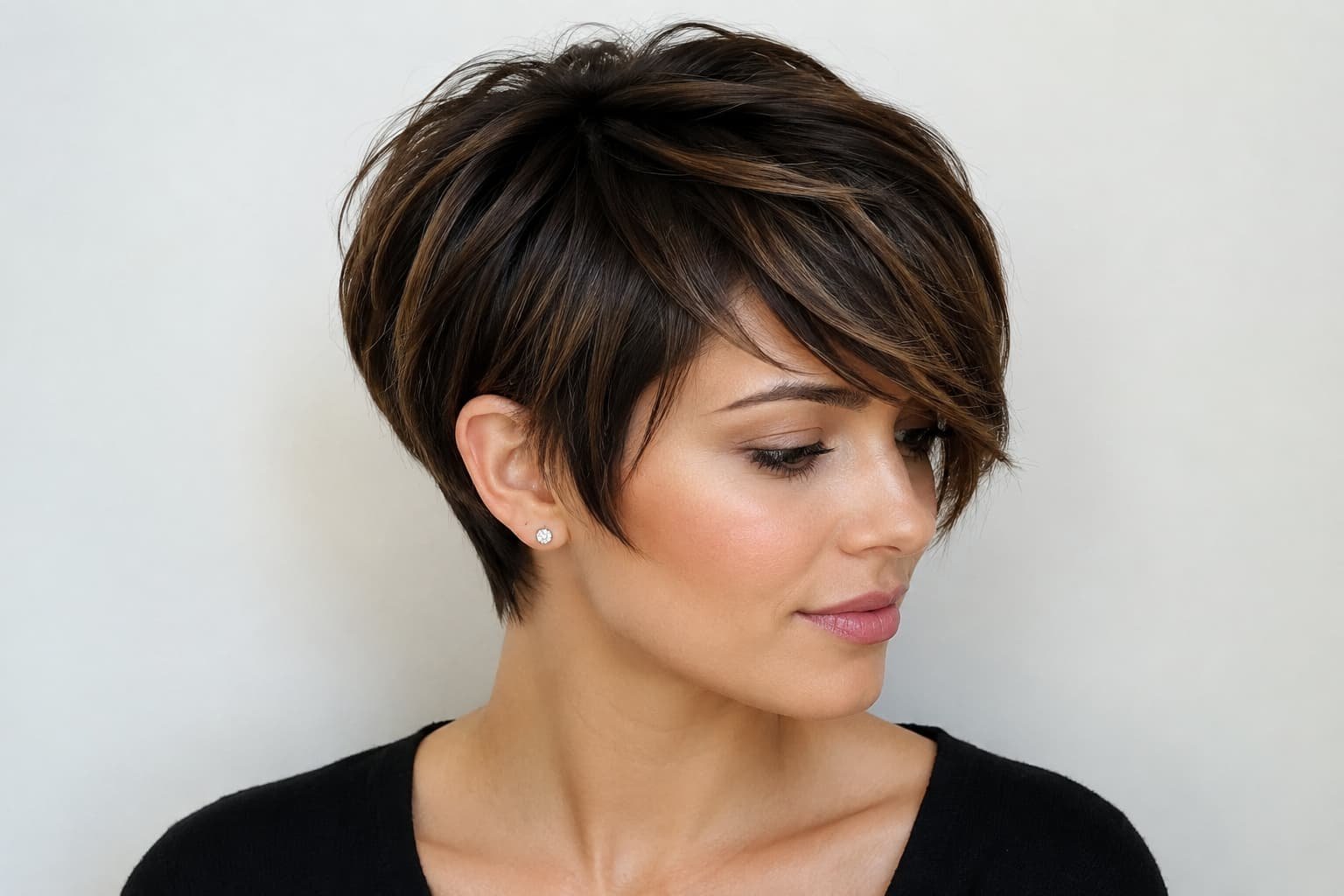 Pixie bob with long side-swept bangs and soft layers.