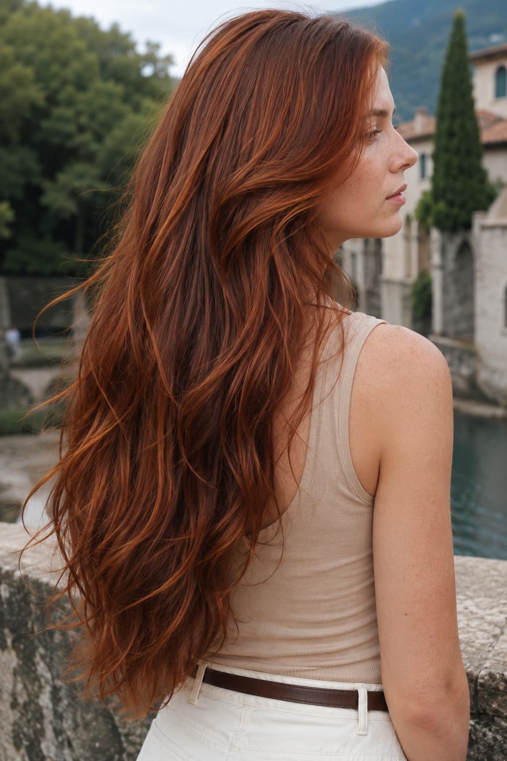 Woman with long dimensional auburn hair and soft natural waves