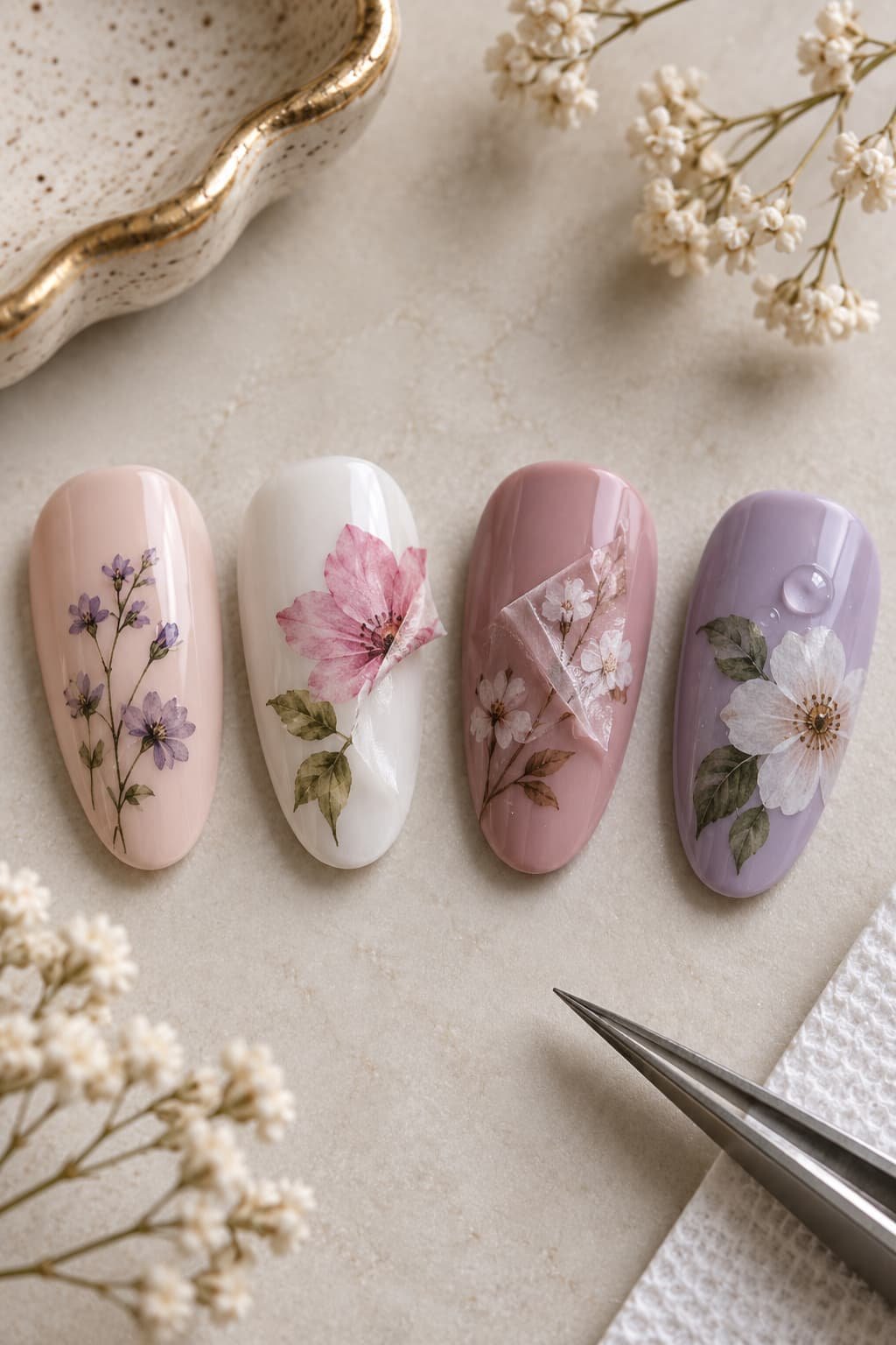 Artificial nail tips showing smooth decal placement, an oversized decal, a folded decal, and a small bubble.