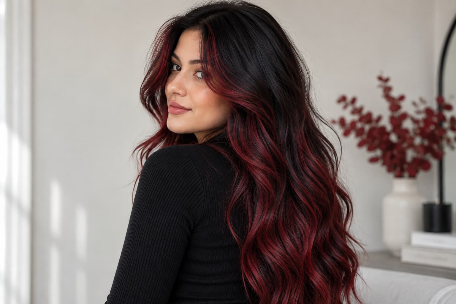 Black hair with dimensional red sections and face-framing colour