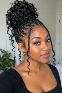 Braided bun with loose curls and face-framing braids