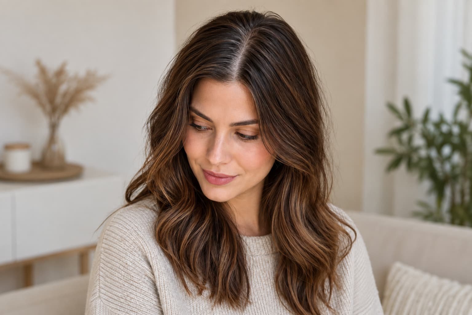 Brunette hair with visible root regrowth along the center part