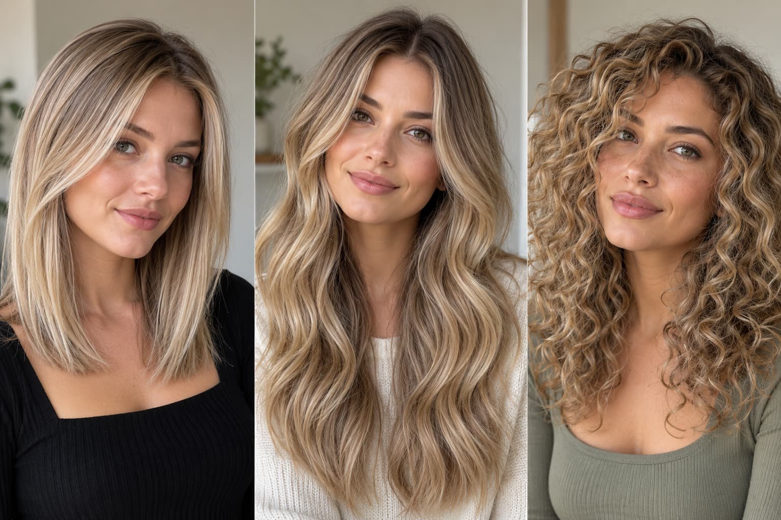 Dirty blonde hair on straight, wavy, and curly textures