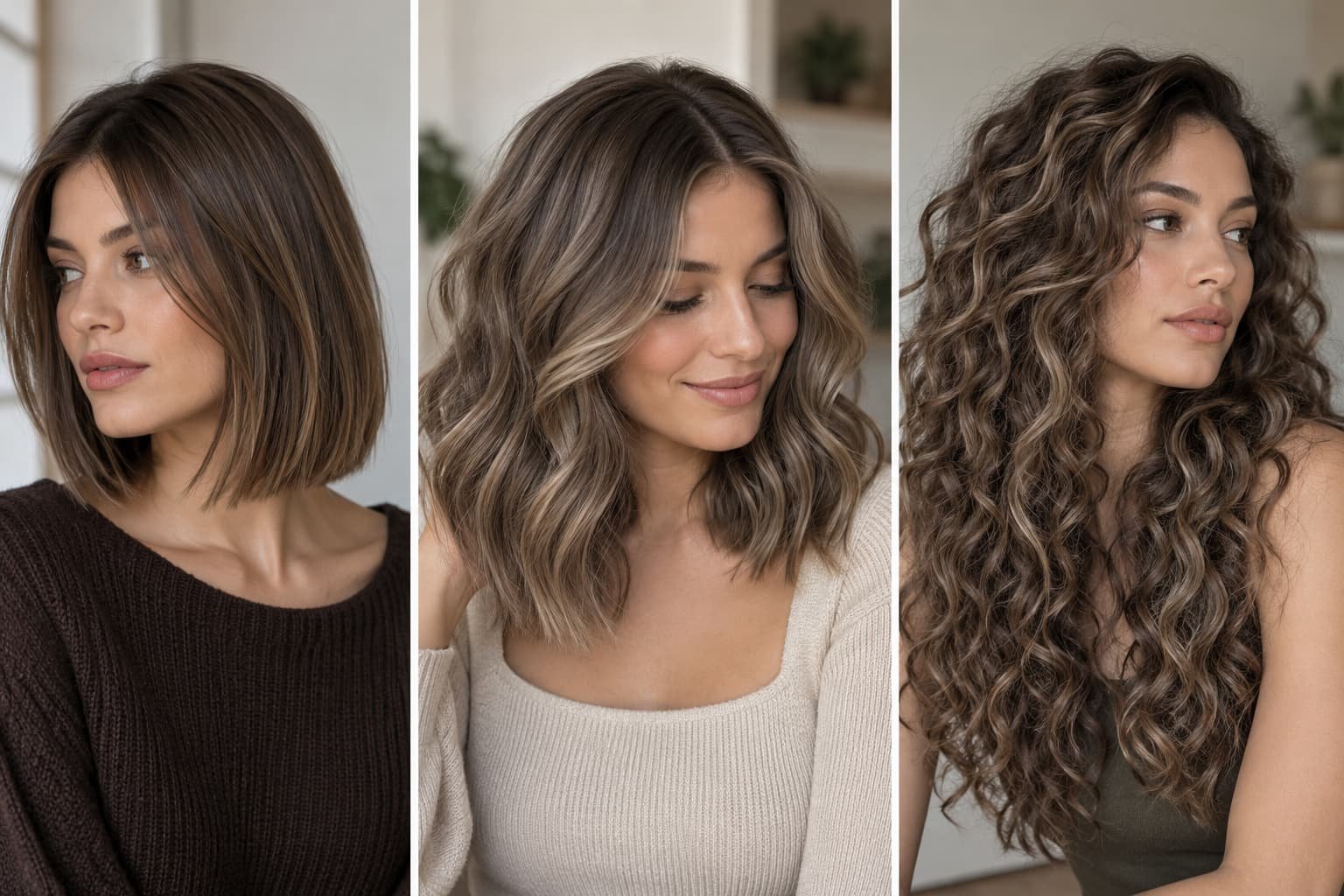 Mushroom brown hair on short straight, medium wavy, and long curly hair