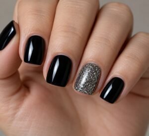 Short square nails finished in high-gloss black polish with a single silver glitter accent finger.
