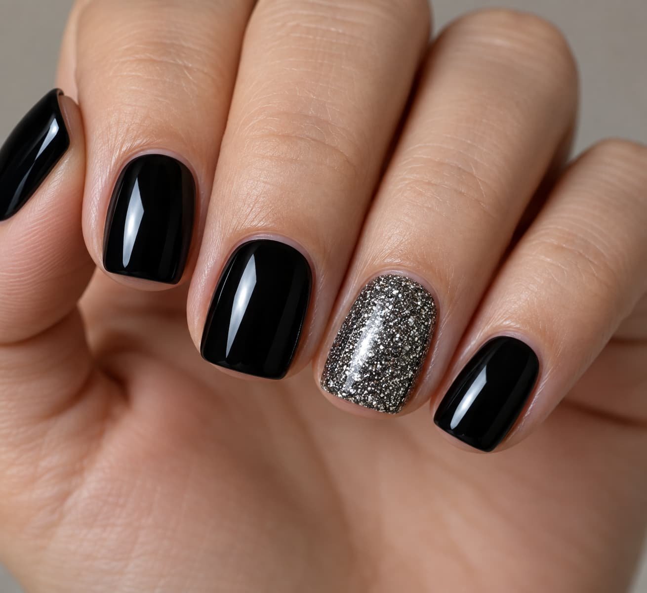 Short square nails finished in high-gloss black polish with a single silver glitter accent finger.