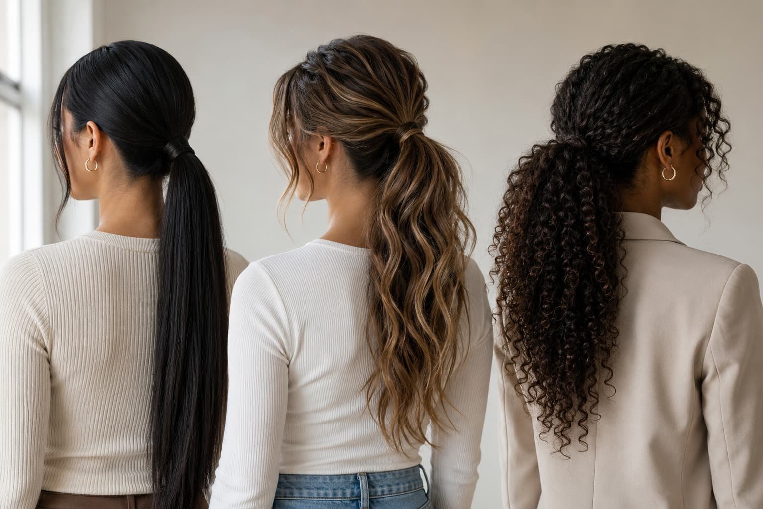 Straight, wavy, and curly long hair shown in ponytail styles
