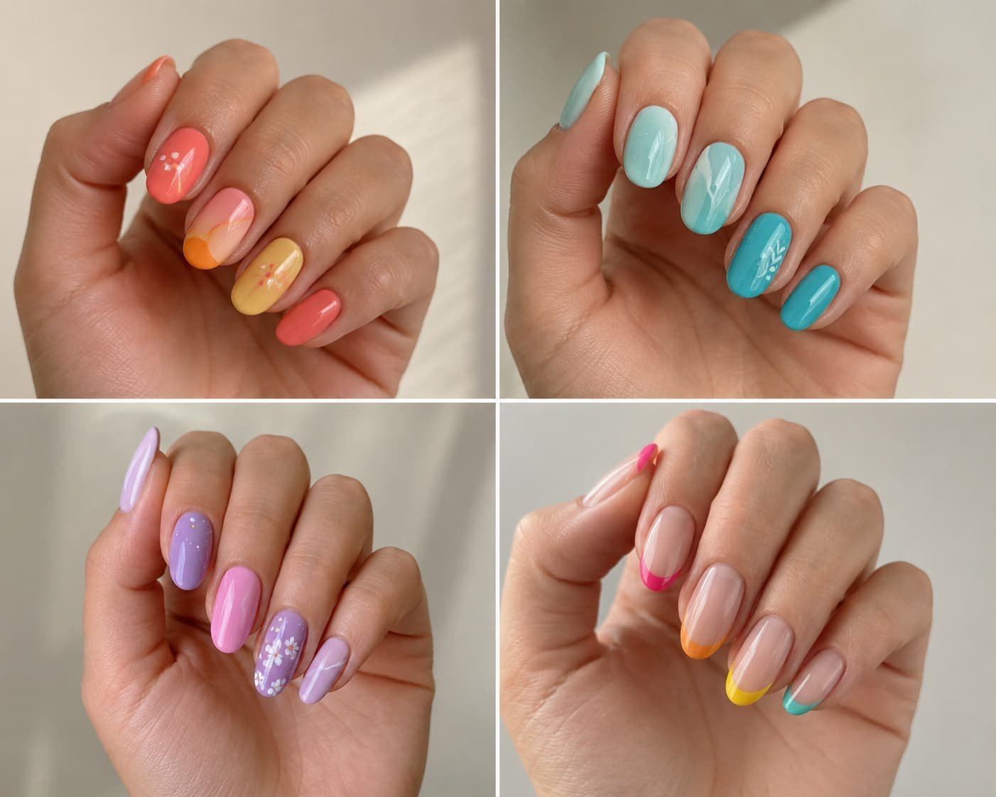 Summer nail color palettes in warm, cool, pastel, and neutral-with-bright-accent combinations.