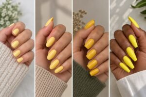 Yellow manicures shown on short round, almond, square, and coffin nail shapes.