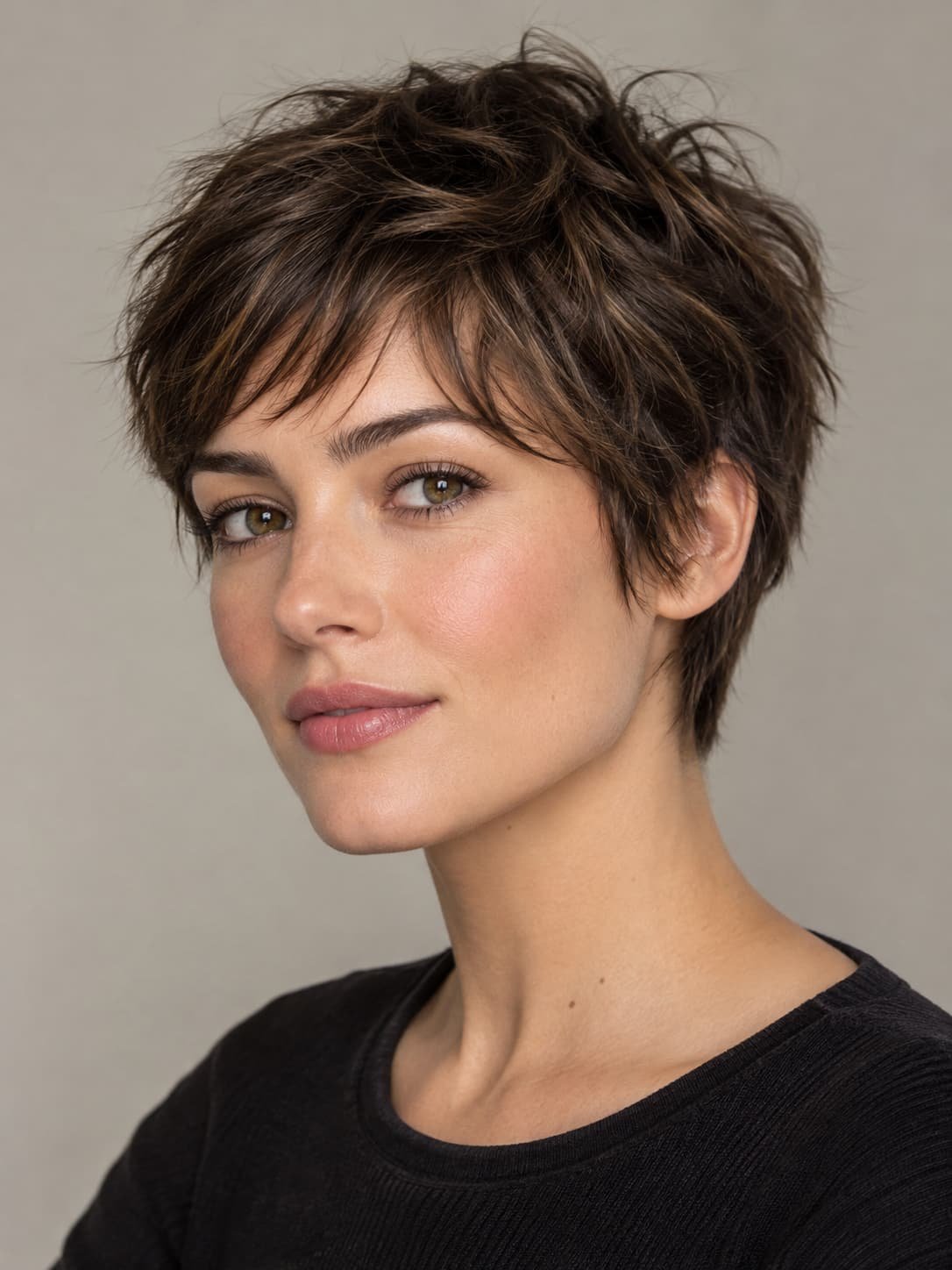 Adult woman with a shaggy pixie cut featuring choppy layers and textured ends.