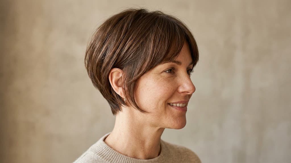 Chestnut brown bixie haircut with a layered crown, tapered neckline, and longer face-framing sections.