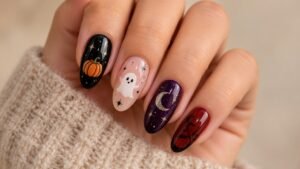 Five almond nails featuring pumpkin, ghost, crescent moon, burgundy, and black French tip designs.
