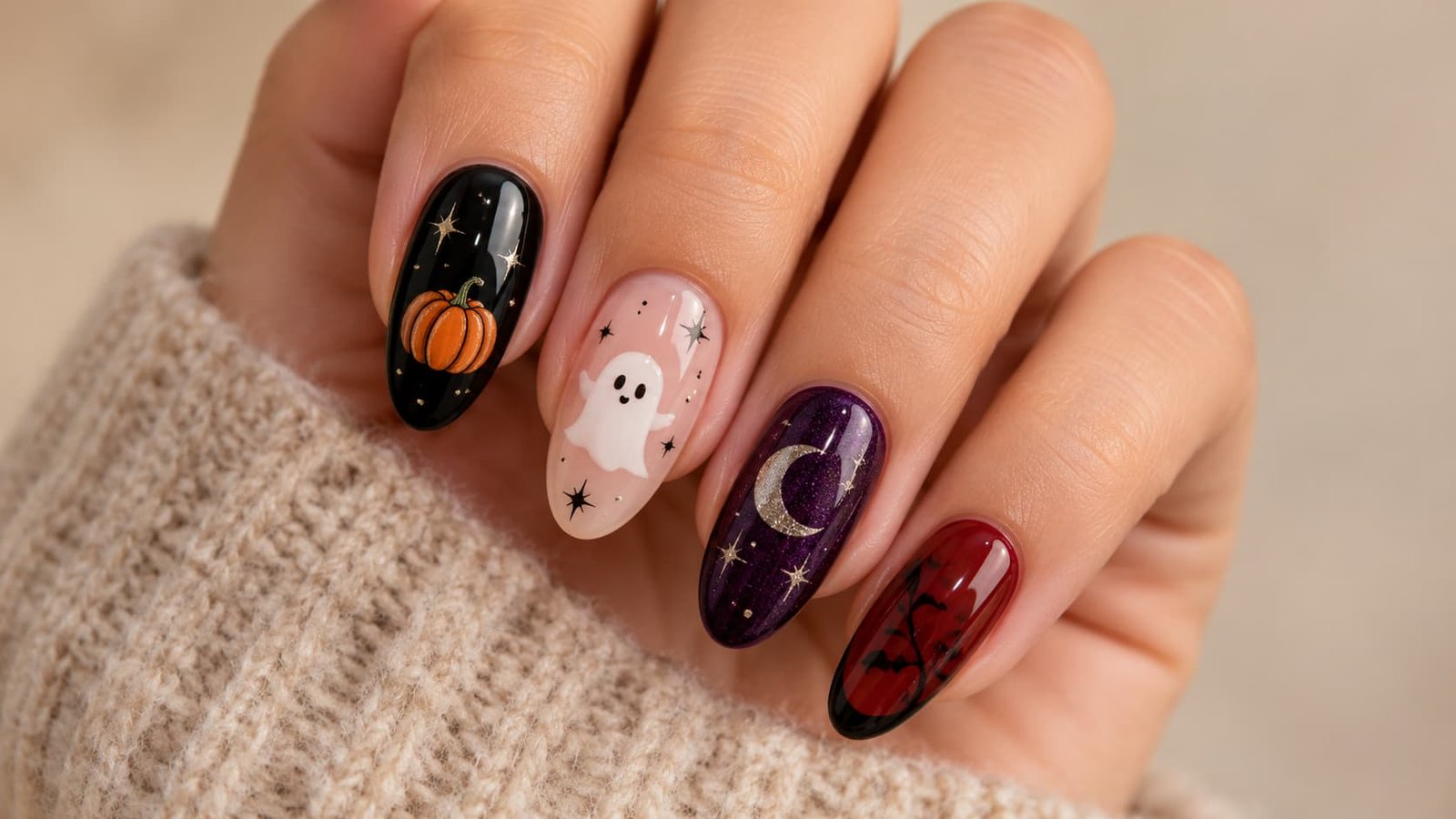 Five almond nails featuring pumpkin, ghost, crescent moon, burgundy, and black French tip designs.