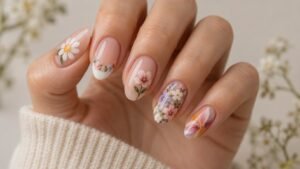 Five nails showing simple, French tip, accent, detailed, and abstract flower nail designs