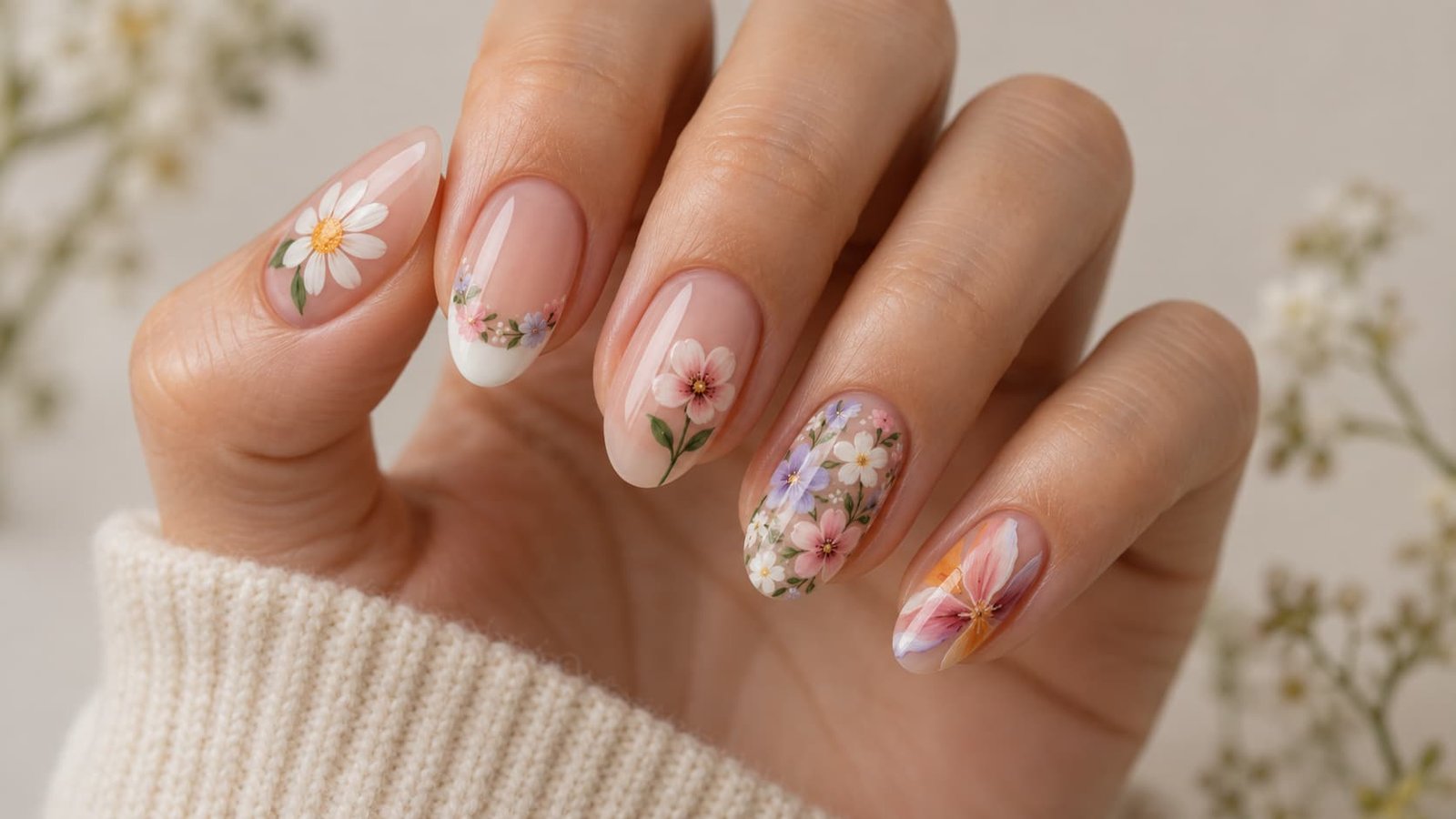 Five nails showing simple, French tip, accent, detailed, and abstract flower nail designs