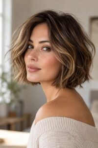 Short brown bob with soft caramel highlights and textured layers
