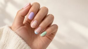 Soft pastel spring manicure with floral, French tip, and dot accents