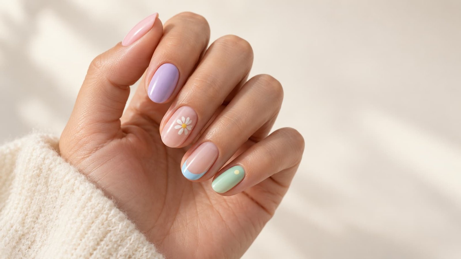 Soft pastel spring manicure with floral, French tip, and dot accents