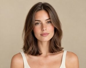 Woman with a chestnut-brown clavicut haircut ending around the collarbone.